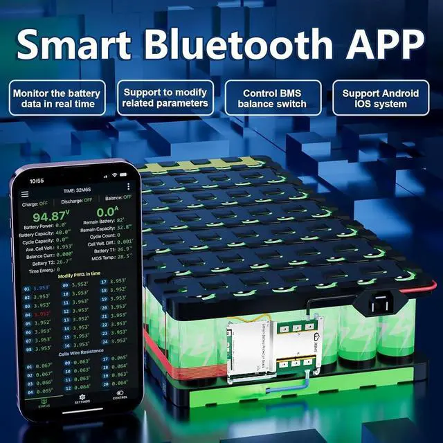Alt view image 4 of 7 - Smart BMS 4S-8S 12V-24V 300A 2A Active Balance Build-in Bluetooth with Heat CAN RS485 PCB Battery Protection Board for LiFePO4 Li-ion LTO Battery Pack (JK-B2A8S30P-HC)