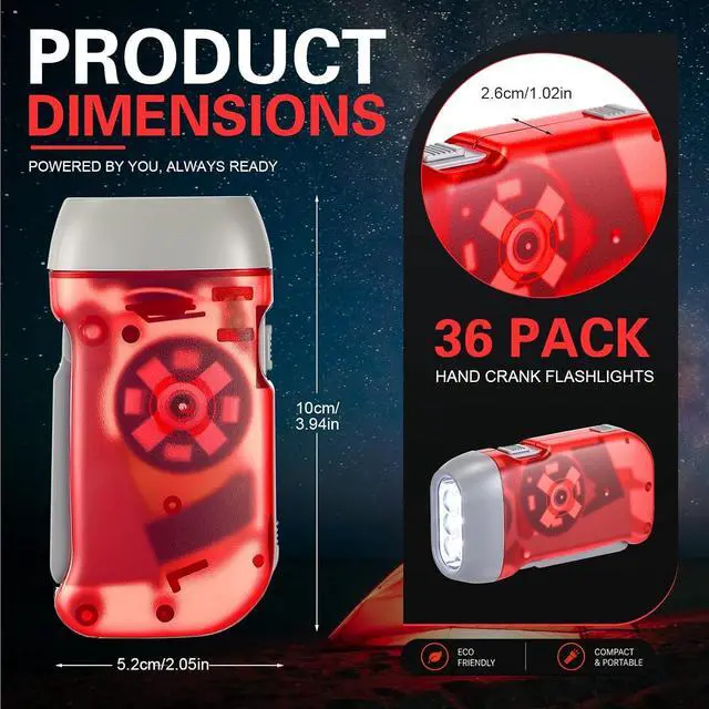 Alt view image 2 of 7 - 36 Hand Crank Flashlights,Red | Christmas Bulk Items, No Battery Squeeze Flashlights, 3 Powered Charging Emergency Required Torchlight