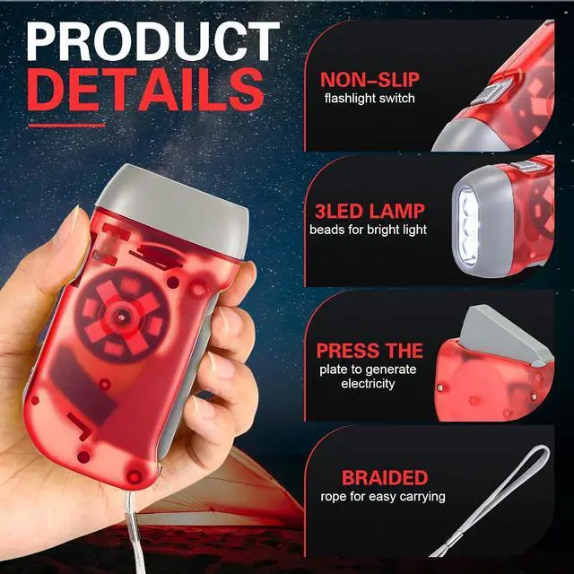 Alt view image 3 of 7 - 36 Hand Crank Flashlights,Red | Christmas Bulk Items, No Battery Squeeze Flashlights, 3 Powered Charging Emergency Required Torchlight