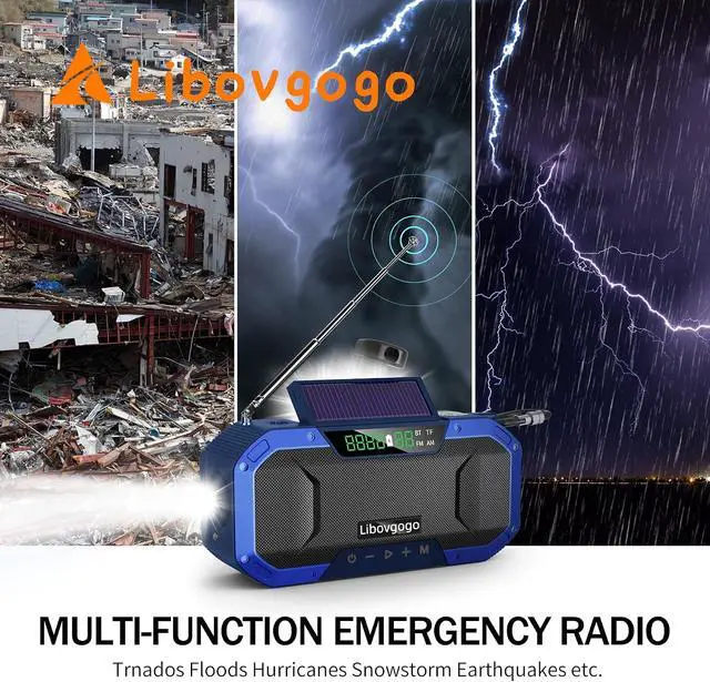 Alt view image 2 of 7 - Bluetooth Hand Crank Emergency Solar Powered Radio,Waterproof Portable NOAA Weather AM FM Radio Speaker,Wind Up Flashlight Phone Charger,5000mAH Battery Operated for Storm,Outage,Hurricane,Survival
