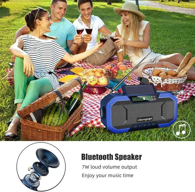 Alt view image 3 of 7 - Bluetooth Hand Crank Emergency Solar Powered Radio,Waterproof Portable NOAA Weather AM FM Radio Speaker,Wind Up Flashlight Phone Charger,5000mAH Battery Operated for Storm,Outage,Hurricane,Survival