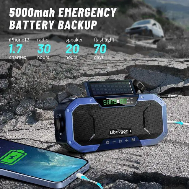 Alt view image 4 of 7 - Bluetooth Hand Crank Emergency Solar Powered Radio,Waterproof Portable NOAA Weather AM FM Radio Speaker,Wind Up Flashlight Phone Charger,5000mAH Battery Operated for Storm,Outage,Hurricane,Survival