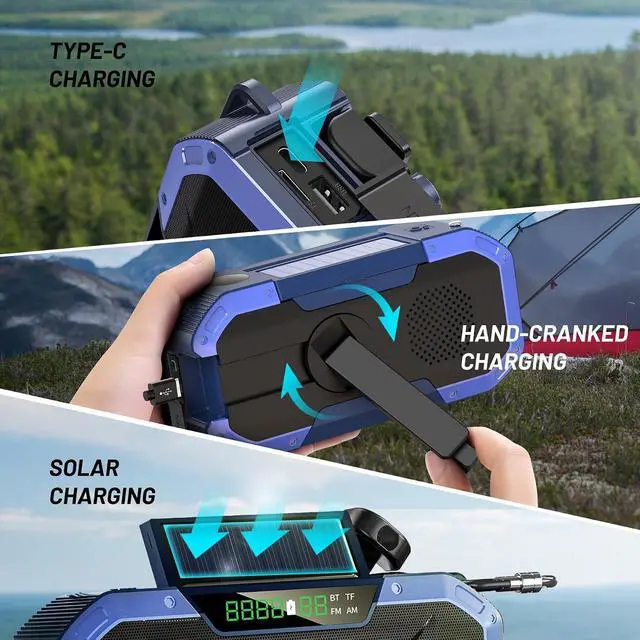 Alt view image 6 of 7 - Bluetooth Hand Crank Emergency Solar Powered Radio,Waterproof Portable NOAA Weather AM FM Radio Speaker,Wind Up Flashlight Phone Charger,5000mAH Battery Operated for Storm,Outage,Hurricane,Survival