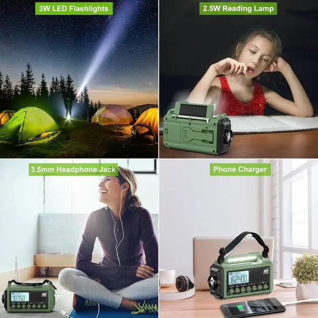 Alt view image 3 of 7 - Emergency Radio, 12000mAh/44400mWh Battery Operated Weather Radio, Solar Hand Crank Radio with AM/FM/SW/NOAA Alert, Cell Phone Charger, Type-C Charging, Flashlight and SOS Siren