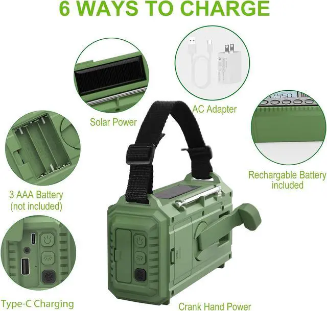 Alt view image 4 of 7 - Emergency Radio, 12000mAh/44400mWh Battery Operated Weather Radio, Solar Hand Crank Radio with AM/FM/SW/NOAA Alert, Cell Phone Charger, Type-C Charging, Flashlight and SOS Siren