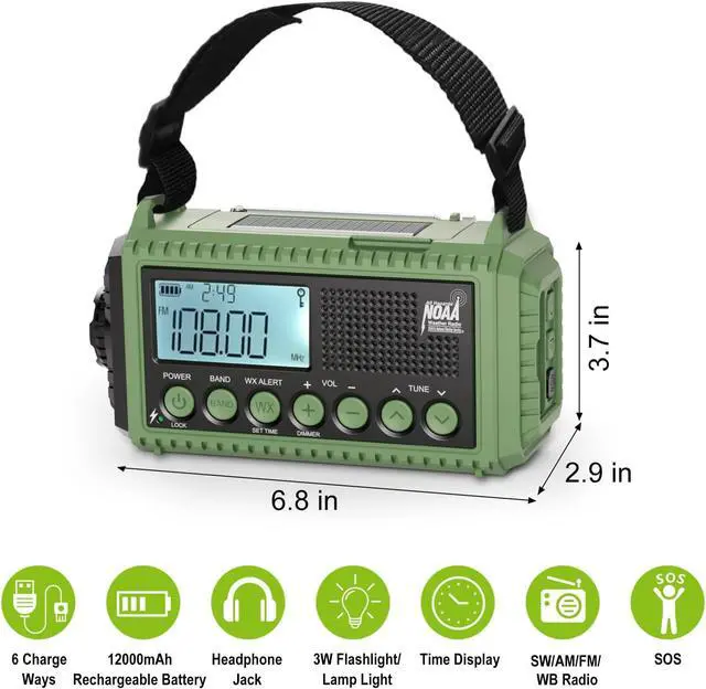 Alt view image 6 of 7 - Emergency Radio, 12000mAh/44400mWh Battery Operated Weather Radio, Solar Hand Crank Radio with AM/FM/SW/NOAA Alert, Cell Phone Charger, Type-C Charging, Flashlight and SOS Siren