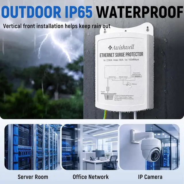 Alt view image 3 of 7 - Outdoor Waterproof Ethernet Surge Protector PoE, Gigabit Lightning Arrester | IP65 5kA PoE++ Surge Protector for IP Camera, GDT+TVS 0.1ns Response, DC 12-57V Wide Voltage, Built-in Transformer