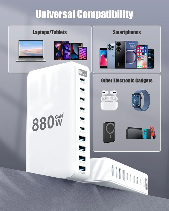 Alt view image 3 of 7 - USB C Charger 880W USB C Charger Block,GaN IV 10-Port Charging Station Hub