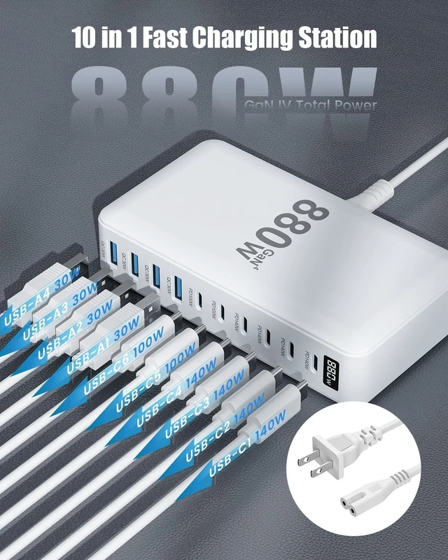 Alt view image 4 of 7 - 880W USB C Charger Block,10-Port USB C GaN Multiple Port Charging Station