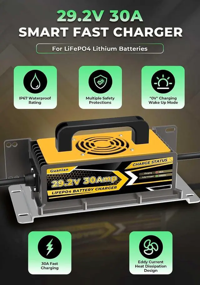 Alt view image 2 of 7 - 24V(29.2V) 30A Lithium LiFePO4 Battery Charger, IP67 Waterproof with Battery Activation, Smart 3-Stage AC-DC Charger for RV, Marine, Trolling Motor & Off-Grid
