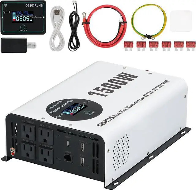 Main image of 1500W Pure Sine Wave Power Inverter 12V to 120V AC | Peak Power 3000W, Wireless Remote, 4 AC Outlets, 2 USB Ports and Type-C, For RV, for Solar Off-Grid