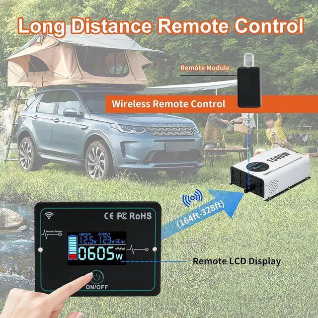 Alt view image 2 of 7 - 1500W Pure Sine Wave Power Inverter 12V to 120V AC | Peak Power 3000W, Wireless Remote, 4 AC Outlets, 2 USB Ports and Type-C, For RV, for Solar Off-Grid