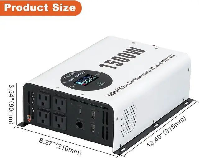 Alt view image 3 of 7 - 1500W Pure Sine Wave Power Inverter 12V to 120V AC | Peak Power 3000W, Wireless Remote, 4 AC Outlets, 2 USB Ports and Type-C, For RV, for Solar Off-Grid