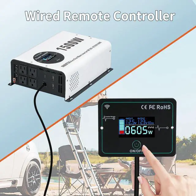 Alt view image 4 of 7 - 1500W Pure Sine Wave Power Inverter 12V to 120V AC | Peak Power 3000W, Wireless Remote, 4 AC Outlets, 2 USB Ports and Type-C, For RV, for Solar Off-Grid