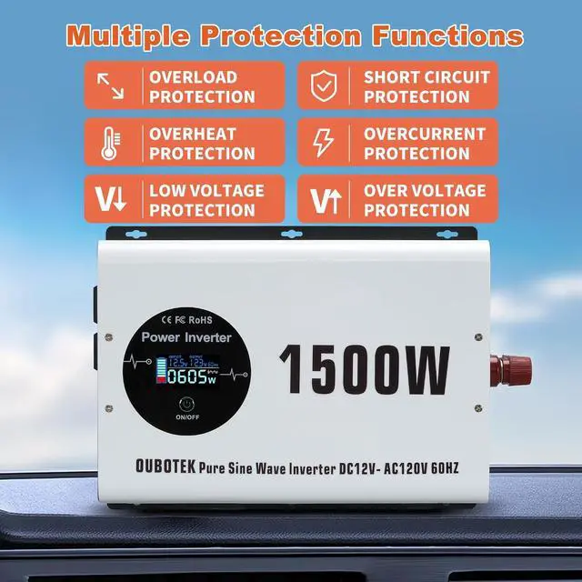 Alt view image 7 of 7 - 1500W Pure Sine Wave Power Inverter 12V to 120V AC | Peak Power 3000W, Wireless Remote, 4 AC Outlets, 2 USB Ports and Type-C, For RV, for Solar Off-Grid