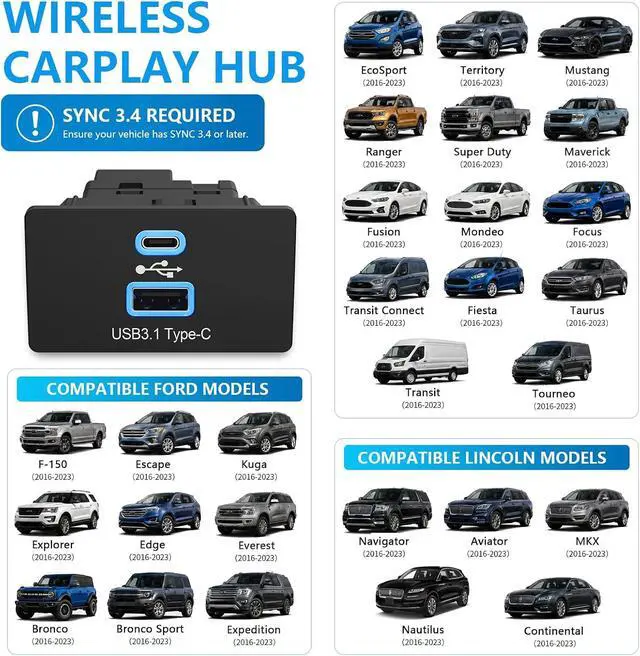 Alt view image 2 of 7 - Carplay Hub Wireless CarPlay USB Media Hub for Ford F-150 2013-2023 USB Type-C Hub Upgrade Module for Ford SYNC 3 Version 3.4 for CarPlay & Android Auto