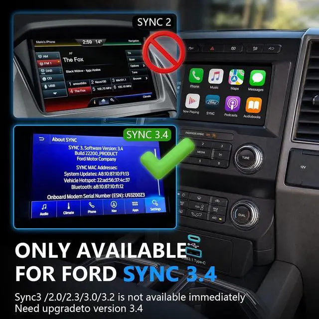 Alt view image 4 of 7 - Carplay Hub Wireless CarPlay USB Media Hub for Ford F-150 2013-2023 USB Type-C Hub Upgrade Module for Ford SYNC 3 Version 3.4 for CarPlay & Android Auto