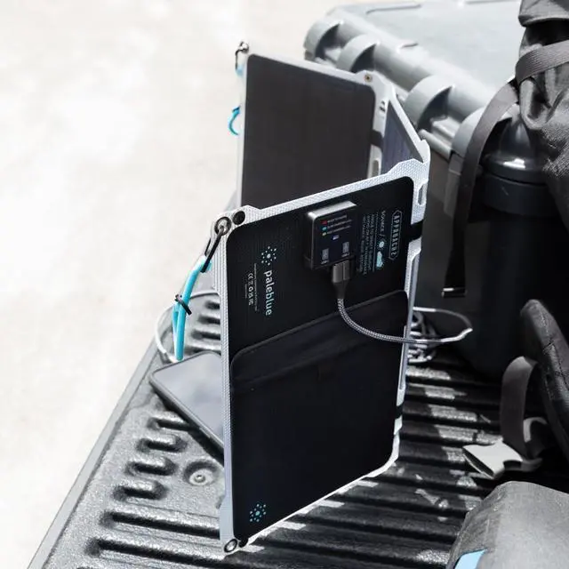 Alt view image 3 of 7 - Paleblue Approach 2 Portable Solar Panel Charger 21 Watts Triple Panel Foldable Solar Charger with Dual USB Ports, Grip Cords & Stash Sleeve - Camping, Hiking, Backpacking & Off-Grid Outdoor Power