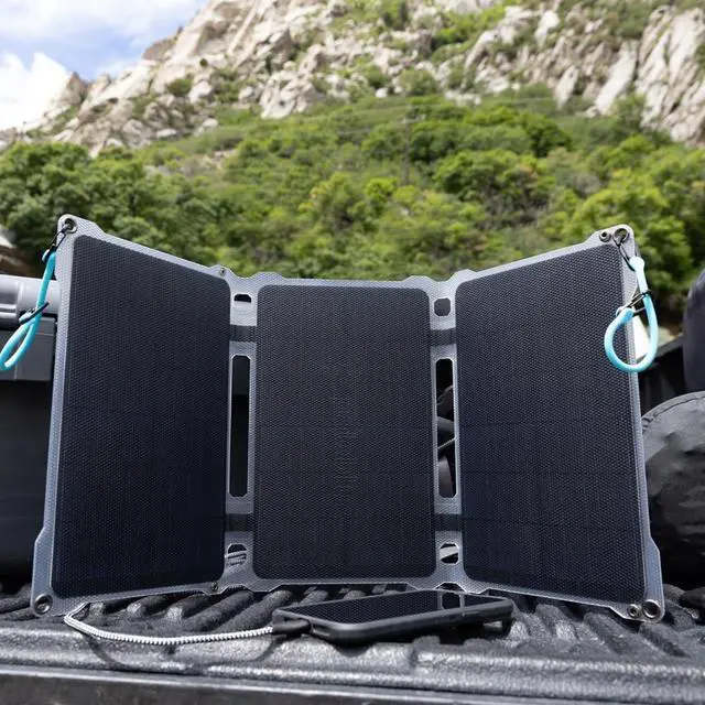 Alt view image 7 of 7 - Paleblue Approach 2 Portable Solar Panel Charger 21 Watts Triple Panel Foldable Solar Charger with Dual USB Ports, Grip Cords & Stash Sleeve - Camping, Hiking, Backpacking & Off-Grid Outdoor Power
