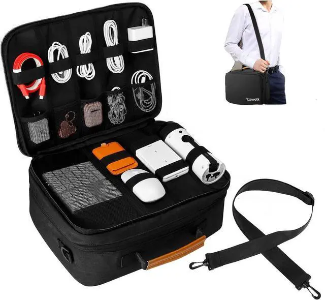 Main image of Extra Large Electronics Organizer Travel Case, Cable Organizer Bag with Shoulder Strap, Electronics Accessories Storage Double Layer Bags for Cord, Tablet, Headphone, Charger, Tools, DJ Gifts-Black