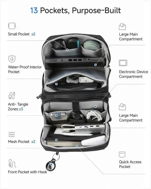 Alt view image 2 of 7 - Electronics Organizer Travel Case, Tech Pouch with Crossbody Strap | Magnetic Design, Dual Accessories Bag, Straps, Hooks, Front pocket, Water Resistant, Waterproof pocket, CBX01 Beige