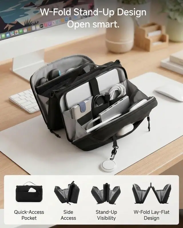 Alt view image 7 of 7 - Electronics Organizer Travel Case, Tech Pouch with Crossbody Strap | Magnetic Design, Dual Accessories Bag, Straps, Hooks, Front pocket, Water Resistant, Waterproof pocket, CBX01 Beige