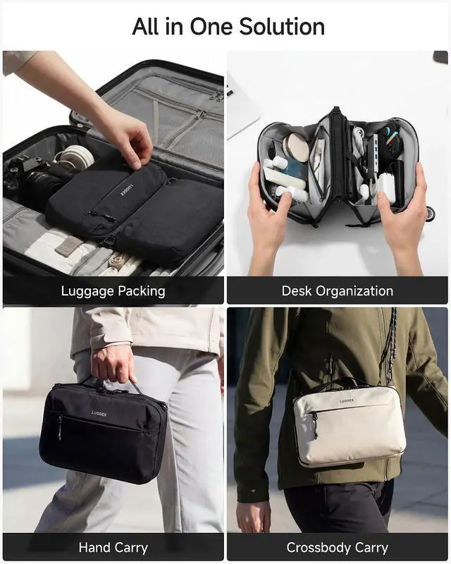 Alt view image 6 of 7 - Electronics Organizer Travel Case, Tech Pouch with Crossbody Strap | Magnetic Design, Dual Accessories Bag, Straps, Hooks, Front pocket, Water Resistant, Waterproof pocket, CBX01 Beige