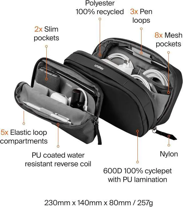 Alt view image 5 of 7 - Orbitkey 2-in-1 Tech Accessory Pouch with Detachable Slim Sleeve Travel Electronics Organizer for Cables, Chargers, Earbuds, Power Bank Compact Gadget Bag & Portable Tech Storage Case (Black)