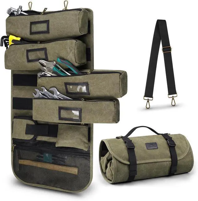 Main image of Vintage Canvas Roll Up Tool Bag Organizer, 4 Labels Removable Large Pouches, 1 Small Zipper Pouch & Magnetic Wristband, Portable Tool Roll Bag for Mechanic, Electrician, Carpenter, Motorcycle