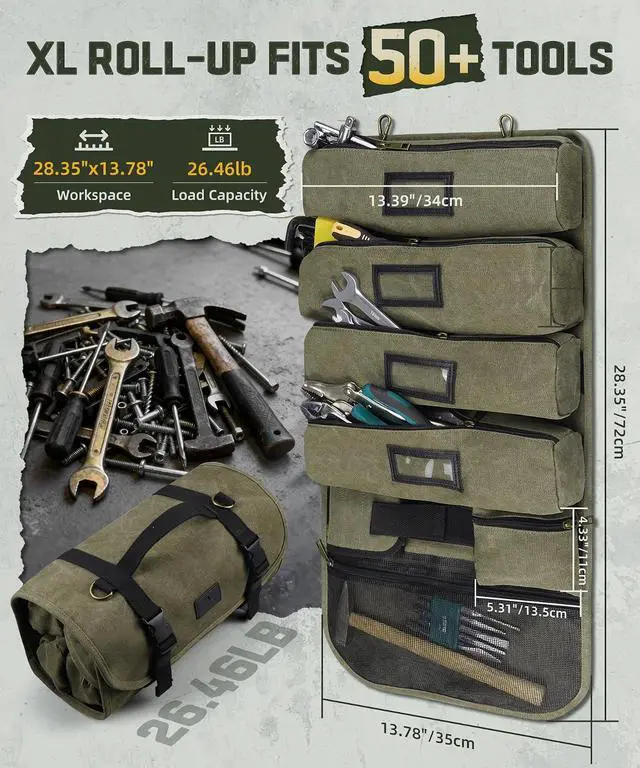 Alt view image 2 of 7 - Vintage Canvas Roll Up Tool Bag Organizer, 4 Labels Removable Large Pouches, 1 Small Zipper Pouch & Magnetic Wristband, Portable Tool Roll Bag for Mechanic, Electrician, Carpenter, Motorcycle