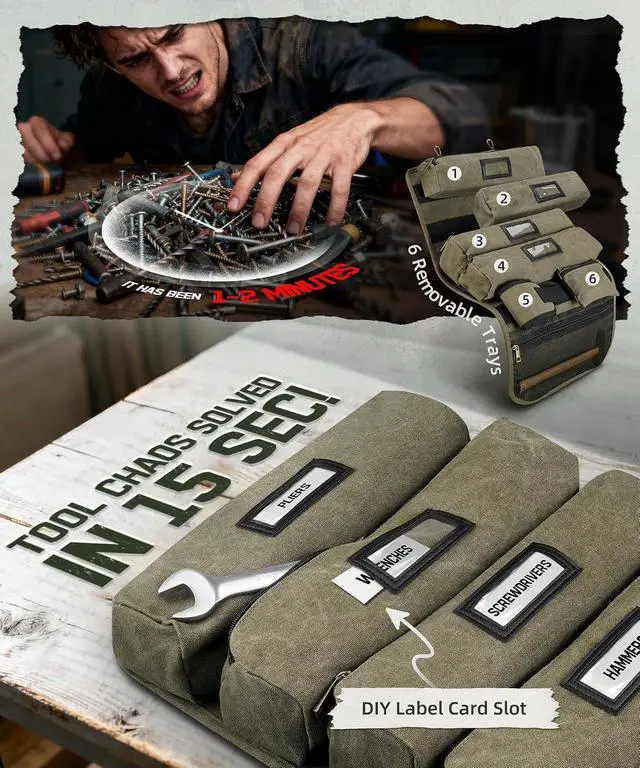 Alt view image 5 of 7 - Vintage Canvas Roll Up Tool Bag Organizer, 4 Labels Removable Large Pouches, 1 Small Zipper Pouch & Magnetic Wristband, Portable Tool Roll Bag for Mechanic, Electrician, Carpenter, Motorcycle