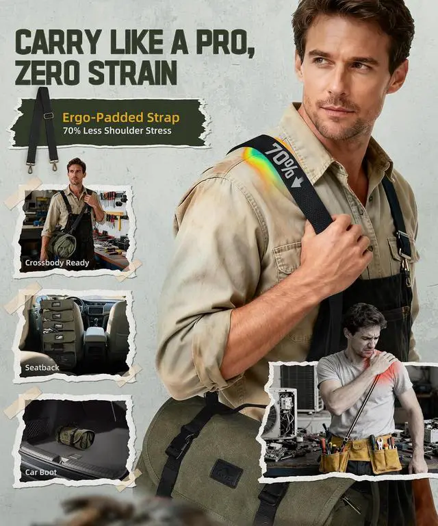 Alt view image 6 of 7 - Vintage Canvas Roll Up Tool Bag Organizer, 4 Labels Removable Large Pouches, 1 Small Zipper Pouch & Magnetic Wristband, Portable Tool Roll Bag for Mechanic, Electrician, Carpenter, Motorcycle