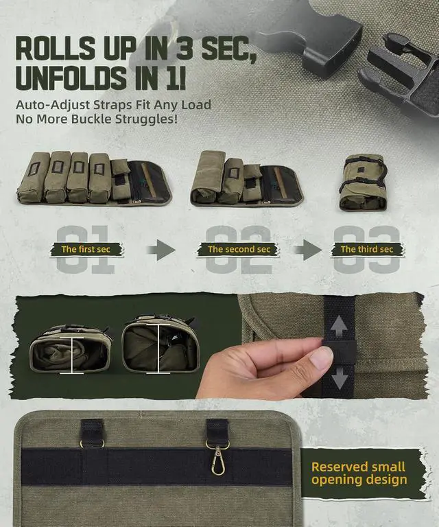Alt view image 7 of 7 - Vintage Canvas Roll Up Tool Bag Organizer, 4 Labels Removable Large Pouches, 1 Small Zipper Pouch & Magnetic Wristband, Portable Tool Roll Bag for Mechanic, Electrician, Carpenter, Motorcycle