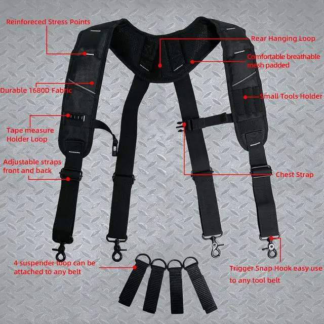 Alt view image 2 of 7 - Tool Belt Suspenders for Men with Magnetic Wristband,Heavy Duty Work Suspender for Construction Electricians Carpenter Framer Tool Belts,Black