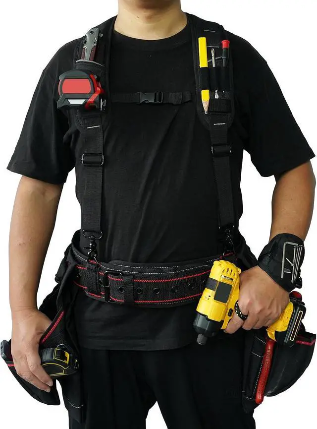 Alt view image 6 of 7 - Tool Belt Suspenders for Men with Magnetic Wristband,Heavy Duty Work Suspender for Construction Electricians Carpenter Framer Tool Belts,Black
