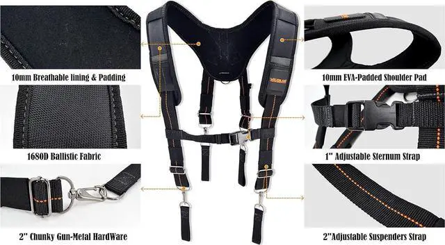 Alt view image 7 of 7 - Heavy-Duty Tool Belt Suspenders, Carpenter Tool Belt Suspenders | 6-In-1 Carpenter Suspenders With Magnetic Wristband, Comfy Padded Tool Belt Shoulder Straps, 2.5"-Wide Tool Pouch Suspenders
