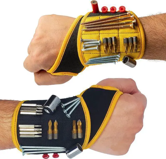 Main image of Magnetic Wristband Yellow - Black Bundle | Super Strong Magnets Holds Screws, Nails, Drill Bit. Unique Wrist Support Design Cool Handy Gadget Gifts