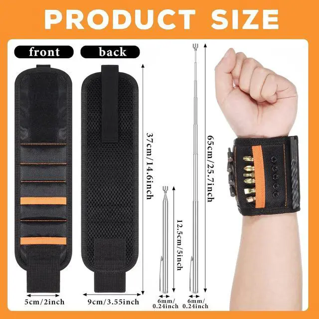 Alt view image 2 of 7 - 12 Pcs Gifts for Father Magnetic Wristband Retractable Magnetic Pickup Tool Magnet Wrist Belt Tool Holder with 15 Magnets for Holding Screws Nails Drilling Bits for Men Dad Husband