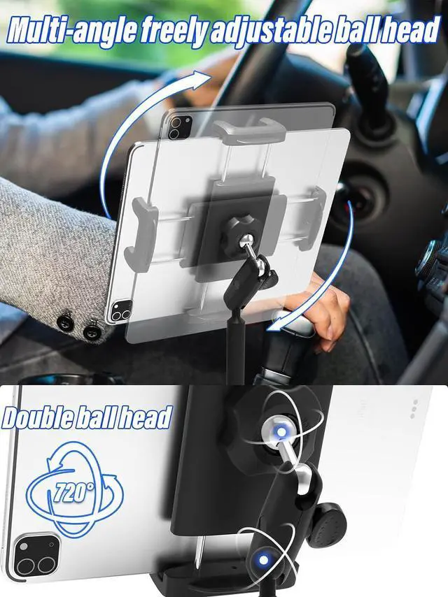 Alt view image 2 of 6 - Metal Arm Cup Holder Car Tablet Mount for 4.7-13" iPad & Phone | 720° Rotation, Adjustable Arm, Cup Holder Tablet Mount,Fit for iPad Pro Air Mini, Galaxy Tab, iPhone