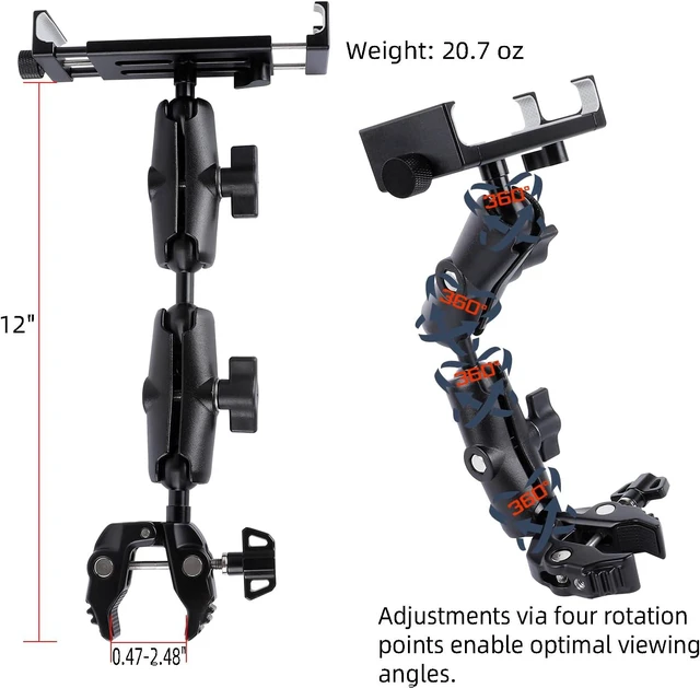 Alt view image 4 of 6 - Aluminum Dual-Arm Tablet Mount with Super Clamp Fits 0.5"-2" Rails, Mic Stand Side Mount for iPad Pro 12.9/Air/Mini, Galaxy Tab, 4.7-12.9" Tablets
