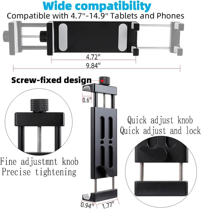 Alt view image 5 of 6 - Aluminum Dual-Arm Tablet Mount with Super Clamp Fits 0.5"-2" Rails, Mic Stand Side Mount for iPad Pro 12.9/Air/Mini, Galaxy Tab, 4.7-12.9" Tablets