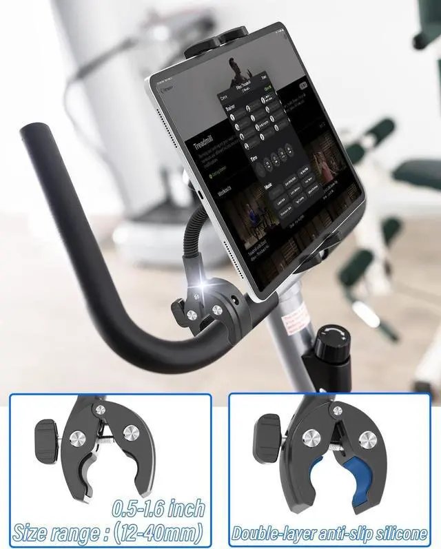 Alt view image 3 of 7 - Metal Gooseneck Tablet Mount with Anti-Slip Silicone, Universal Clamp-On Round Tube iPad Holder for Indoor Cycling Bike, Gym Bike, Elliptical & Rowing Machine, Fits 4-13in Tablets & More