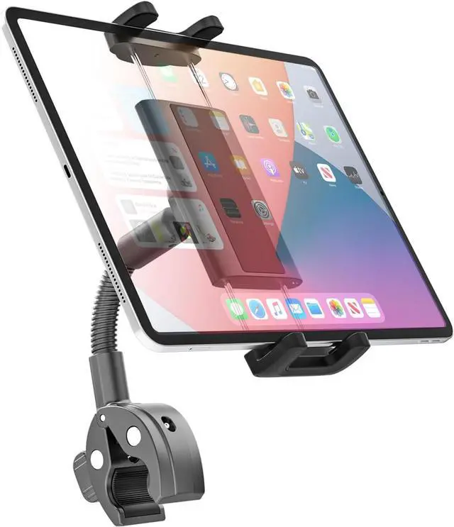 Main image of Metal Gooseneck Tablet Mount with Anti-Slip Silicone, Universal Clamp-On Round Tube iPad Holder for Indoor Cycling Bike, Gym Bike, Elliptical & Rowing Machine, Fits 4-13in Tablets & More