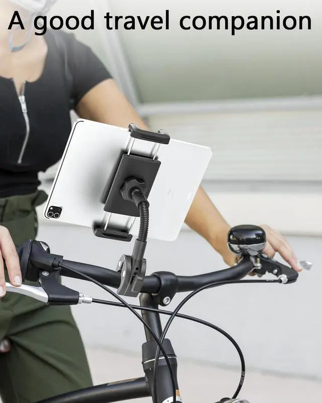Alt view image 4 of 7 - Metal Gooseneck Tablet Mount with Anti-Slip Silicone, Universal Clamp-On Round Tube iPad Holder for Indoor Cycling Bike, Gym Bike, Elliptical & Rowing Machine, Fits 4-13in Tablets & More