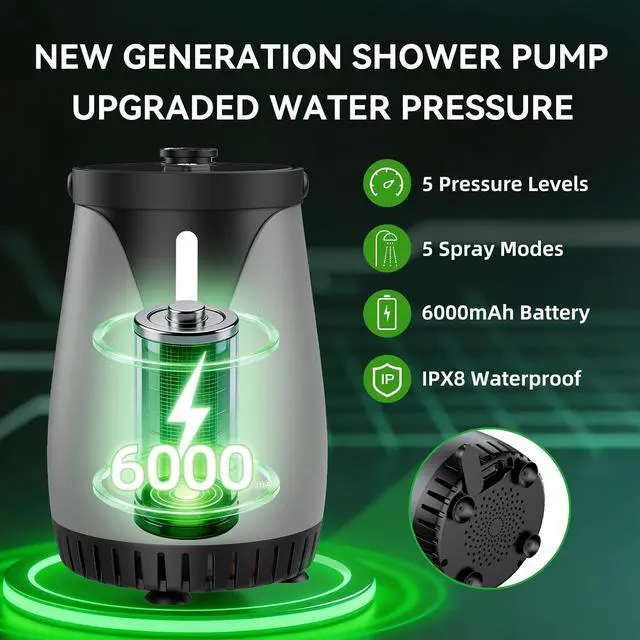 Alt view image 2 of 7 - New Gen Portable Camping Shower, Long-Lasting 6000mAh Rechargeable Camp Shower with Shower Head & Sprayer,Upgraded Pressure,5 Spray Modes,IPX8 Waterproof Outdoor Camp Pump for Hiking, Travel, Car, Pet