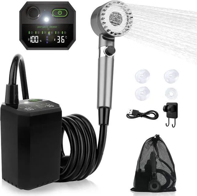 Main image of Portable Camping Shower, 6000mAh Rechargeable Portable Shower Pump with LED Temperature Display, IPX8 Camp Shower, 6 Water Pressure Levels for Camping, Hiking, Pet Bath & Car Wash