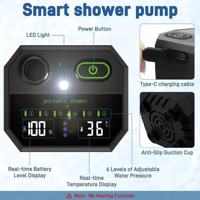 Alt view image 3 of 7 - Portable Camping Shower, 6000mAh Rechargeable Portable Shower Pump with LED Temperature Display, IPX8 Camp Shower, 6 Water Pressure Levels for Camping, Hiking, Pet Bath & Car Wash