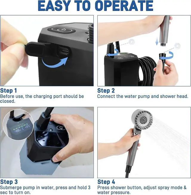 Alt view image 7 of 7 - Portable Camping Shower, 6000mAh Rechargeable Portable Shower Pump with LED Temperature Display, IPX8 Camp Shower, 6 Water Pressure Levels for Camping, Hiking, Pet Bath & Car Wash
