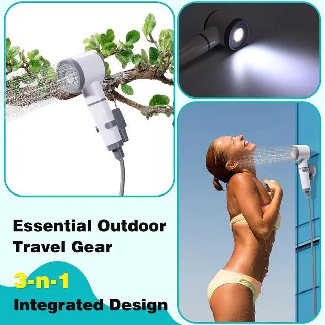 Alt view image 2 of 7 - Portable Shower for Camping with Light, All-in-One Portable Camping Shower Pump, Temperature Display, 2 Spray Modes Rechargeable Portable Outdoor Shower Head for Beach, Hiking, RV, Pet Wash