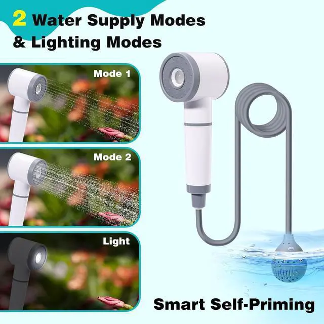 Alt view image 3 of 7 - Portable Shower for Camping with Light, All-in-One Portable Camping Shower Pump, Temperature Display, 2 Spray Modes Rechargeable Portable Outdoor Shower Head for Beach, Hiking, RV, Pet Wash